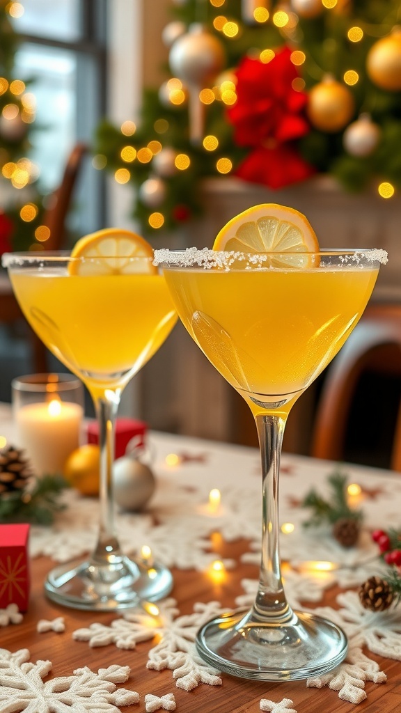 Two lemon drop cocktails with sugar rims and lemon slices on a festive table.